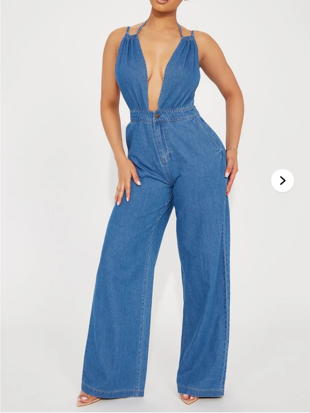 Fashion Nova Deep V Wide-Leg Denim Jumpsuit - Blue